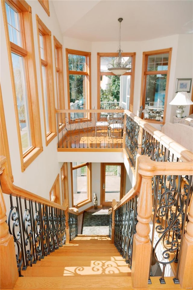 stairs featuring high vaulted ceiling, wood finished floors, and an inviting chandelier