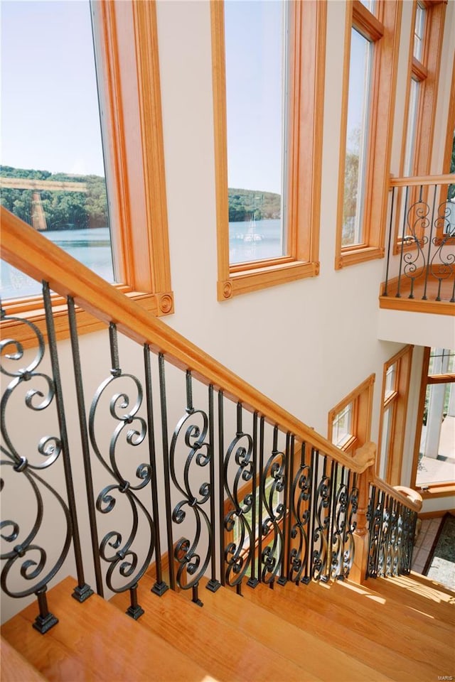 stairway with a water view, plenty of natural light, and wood finished floors