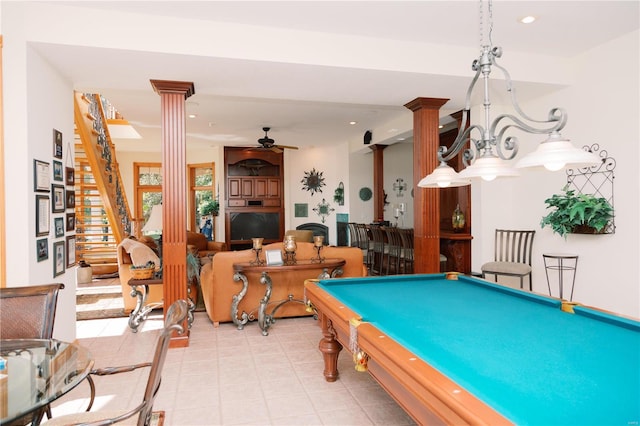 rec room featuring decorative columns, billiards, ceiling fan, and recessed lighting