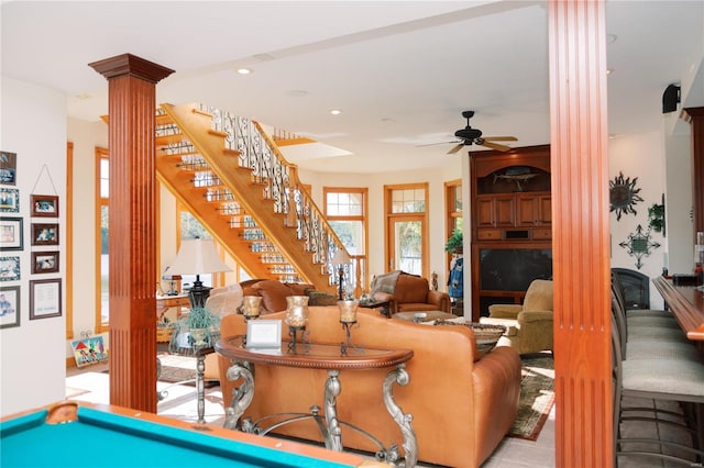 game room with a ceiling fan, recessed lighting, and decorative columns