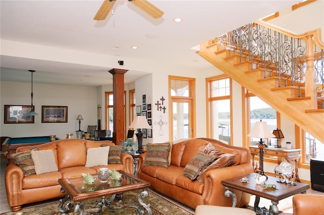 living room featuring decorative columns, billiards, a ceiling fan, stairway, and recessed lighting