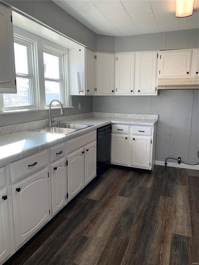 kitchen with dishwasher, dark wood-style floors, white cabinetry, and a sink