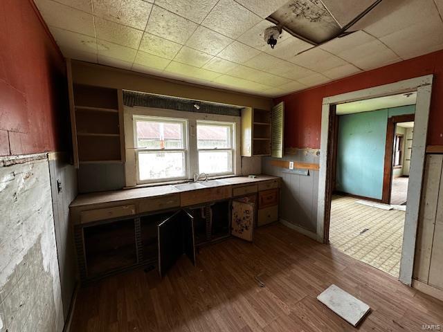 kitchen featuring a sink, open shelves, and wood finished floors