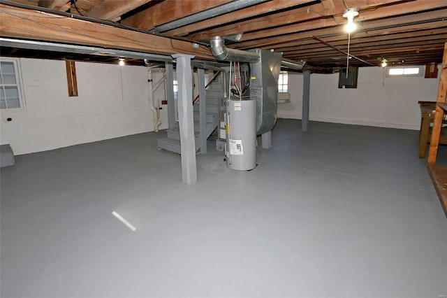 below grade area with gas water heater, electric panel, and stairway