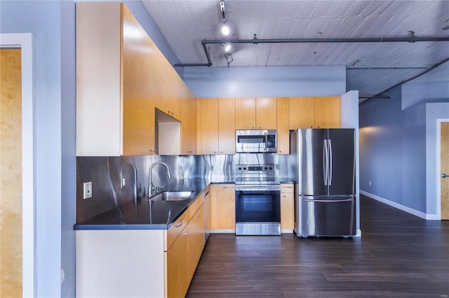 kitchen featuring stainless steel appliances, a sink, dark wood-style floors, tasteful backsplash, and dark countertops