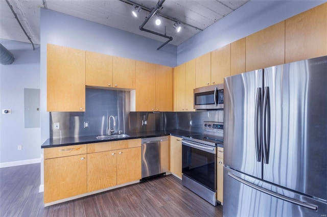 kitchen featuring dark wood-style floors, dark countertops, appliances with stainless steel finishes, a sink, and electric panel