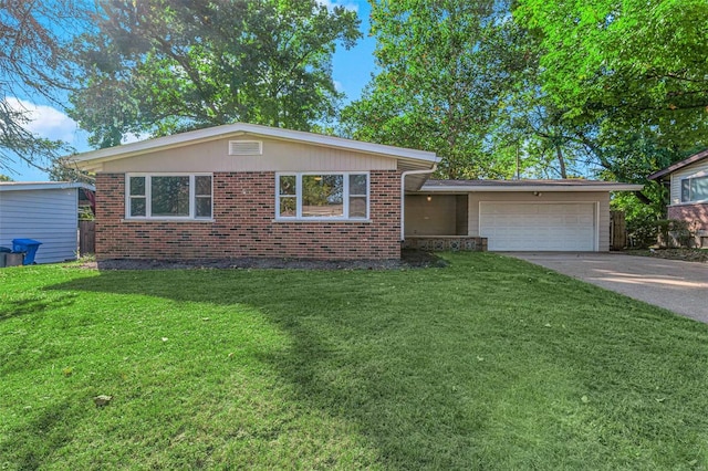 ranch-style house with a front lawn, brick siding, driveway, and an attached garage