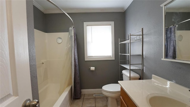 bathroom featuring visible vents, toilet, ornamental molding, vanity, and tile patterned floors