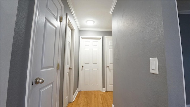 hallway with light wood-style floors, a textured wall, and crown molding