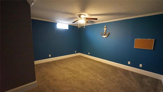 unfurnished room with carpet flooring, crown molding, baseboards, and ceiling fan