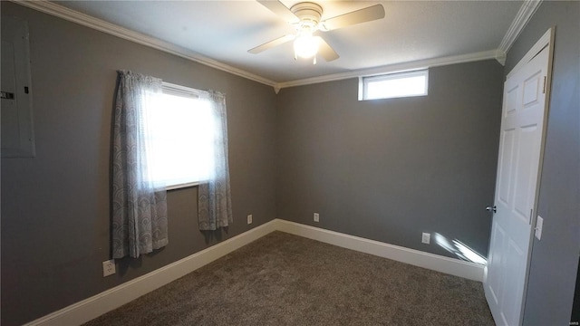 carpeted spare room featuring crown molding, baseboards, and ceiling fan