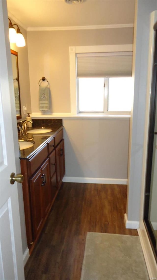 bathroom with baseboards, ornamental molding, wood finished floors, and vanity