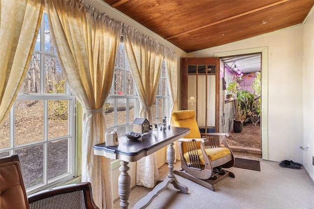 living area with carpet, wooden ceiling, and lofted ceiling