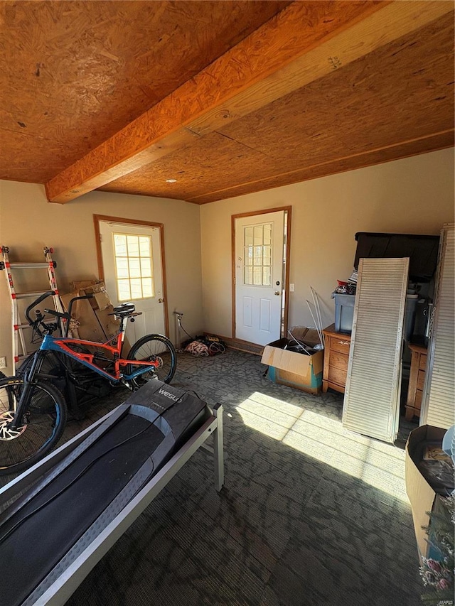 exercise room with carpet flooring