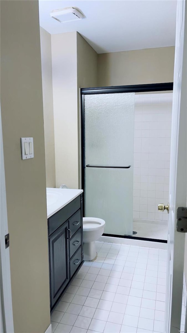 bathroom with visible vents, a shower stall, toilet, and vanity