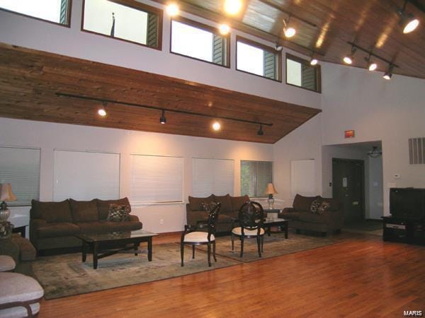 living area with rail lighting, a high ceiling, and wood finished floors