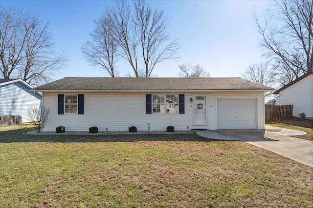 ranch-style home featuring a garage, driveway, a front lawn, and fence