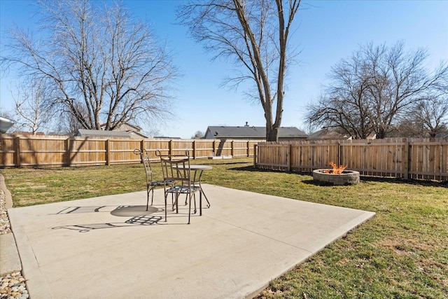 view of patio with a fire pit and a fenced backyard