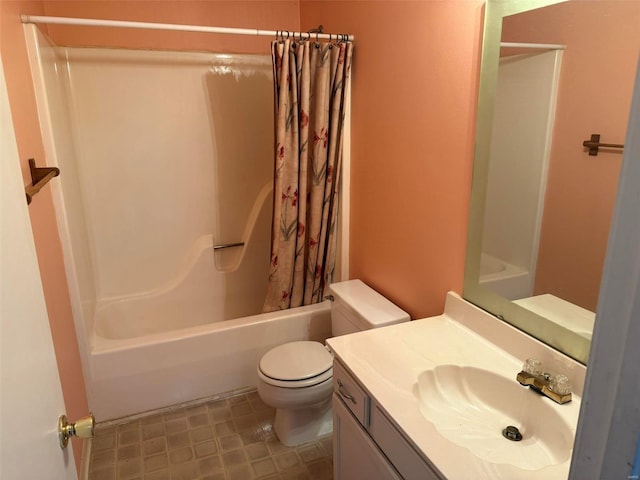 full bathroom featuring vanity, shower / bath combination with curtain, and toilet