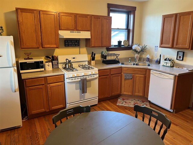 kitchen with wood finished floors, white appliances, a sink, and under cabinet range hood