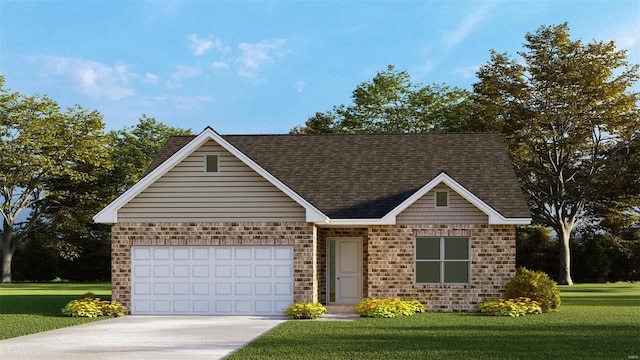 view of front of house featuring brick siding, roof with shingles, a garage, driveway, and a front lawn