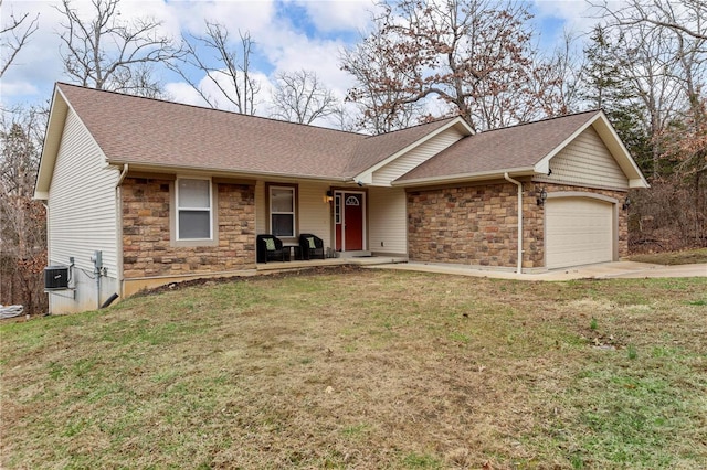 single story home with driveway, stone siding, roof with shingles, an attached garage, and a front lawn