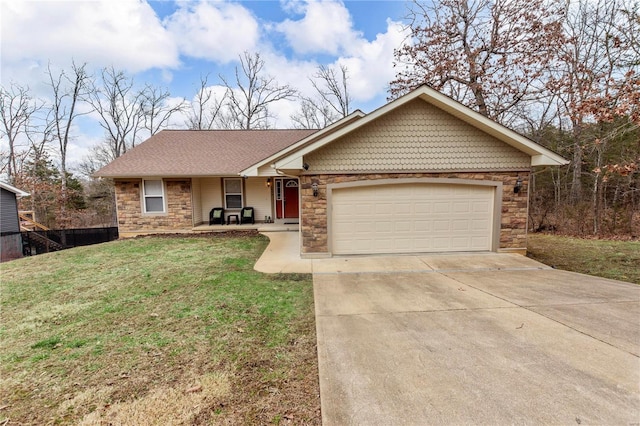 ranch-style house featuring driveway, stone siding, a porch, and a front yard