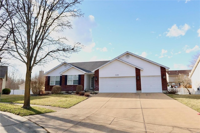 ranch-style home featuring fence, driveway, an attached garage, a front lawn, and brick siding