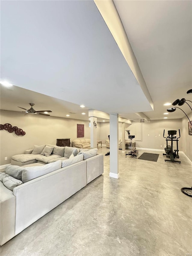 living area with ceiling fan, recessed lighting, baseboards, and finished concrete floors