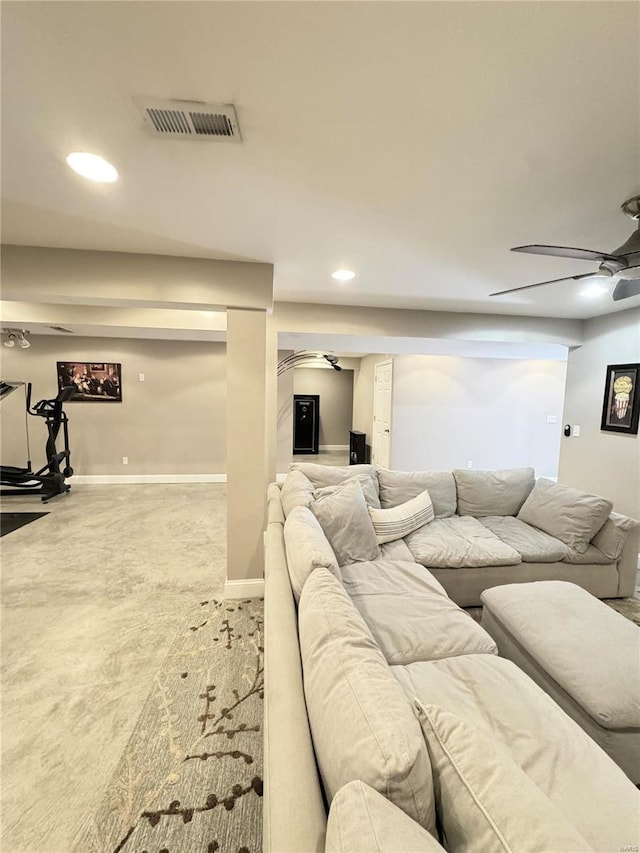 living room with recessed lighting, a ceiling fan, and visible vents