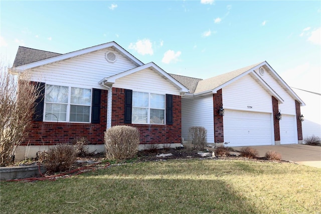 single story home featuring brick siding, driveway, a front lawn, and a garage