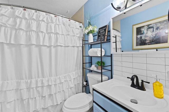 full bathroom with toilet, curtained shower, backsplash, tile walls, and vanity