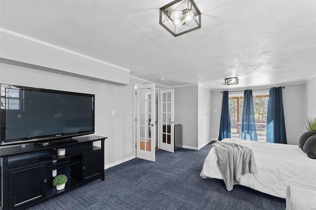 bedroom with ornamental molding, access to outside, dark carpet, french doors, and baseboards