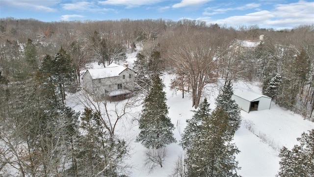 snowy aerial view featuring a view of trees