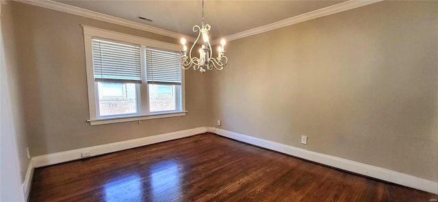 unfurnished room with baseboards, visible vents, ornamental molding, dark wood-type flooring, and a chandelier