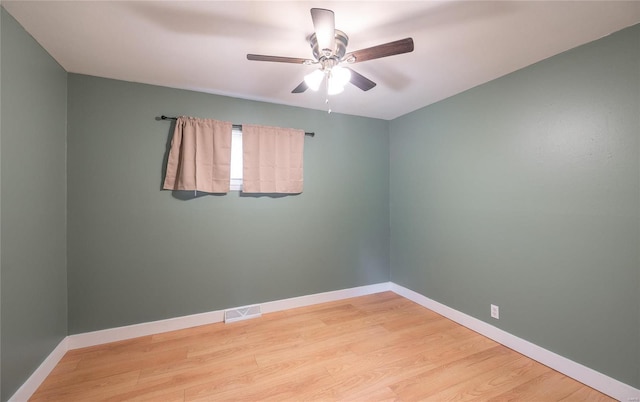 unfurnished room with baseboards, visible vents, ceiling fan, and light wood finished floors