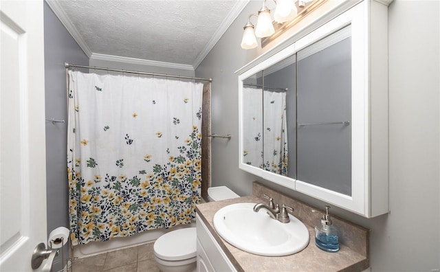 bathroom with crown molding, a shower with shower curtain, toilet, a textured ceiling, and vanity