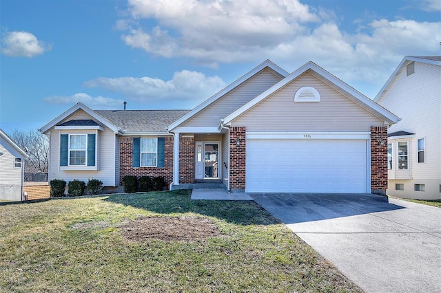 ranch-style house featuring a front lawn, brick siding, driveway, and an attached garage