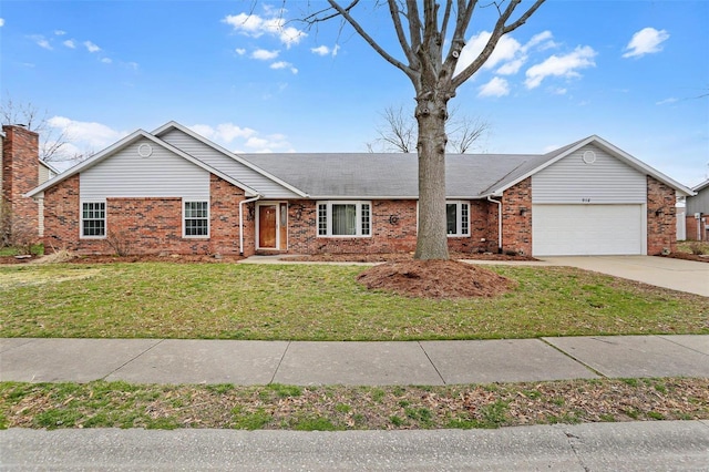 ranch-style house with a garage, concrete driveway, brick siding, and a front lawn