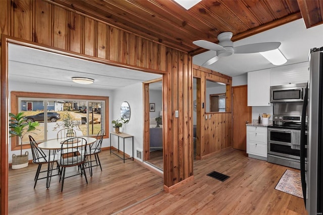 kitchen with light wood-type flooring, wood walls, white cabinetry, and stainless steel appliances