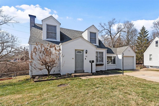 cape cod house featuring a garage, concrete driveway, a front yard, and fence