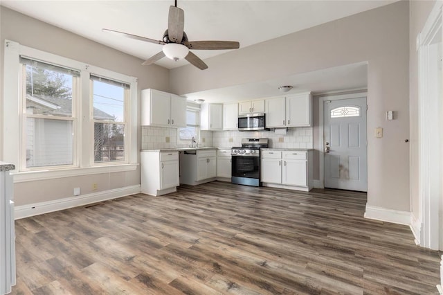 kitchen featuring tasteful backsplash, appliances with stainless steel finishes, white cabinets, and dark wood-type flooring