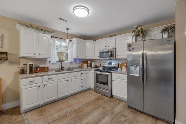 kitchen featuring white cabinets, light wood-style flooring, appliances with stainless steel finishes, a sink, and backsplash