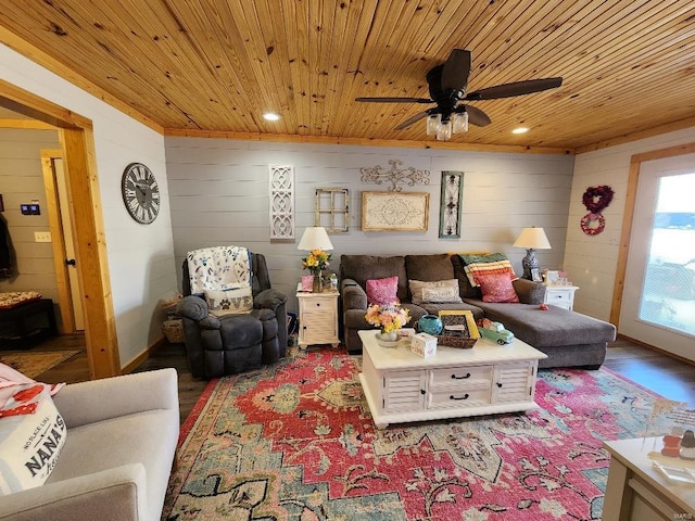 living room with wooden ceiling, a ceiling fan, wood finished floors, and recessed lighting