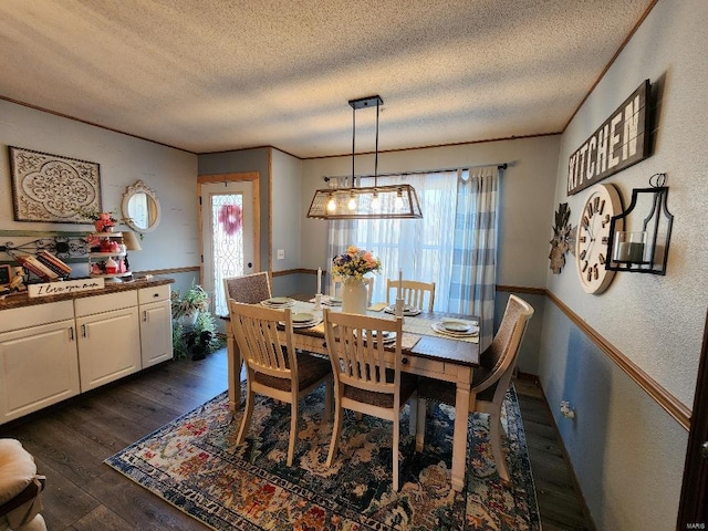 dining space with dark wood-style flooring, crown molding, and a textured ceiling