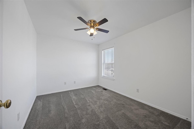 empty room featuring visible vents, dark carpet, baseboards, and ceiling fan