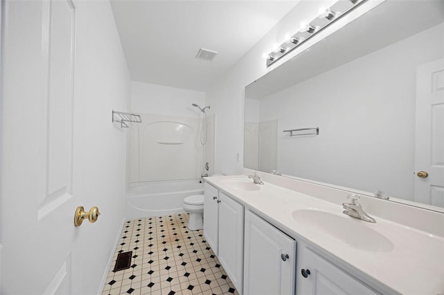 full bathroom with toilet, double vanity, shower / washtub combination, and a sink