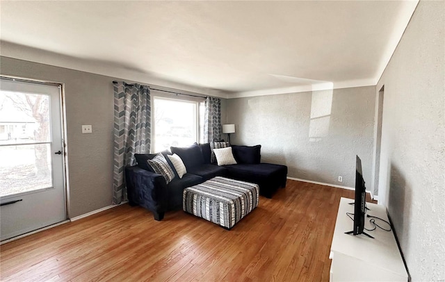 living area featuring wood finished floors and a textured wall