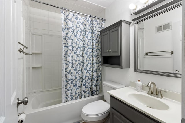 full bath with vanity, toilet, shower / bathtub combination with curtain, and visible vents