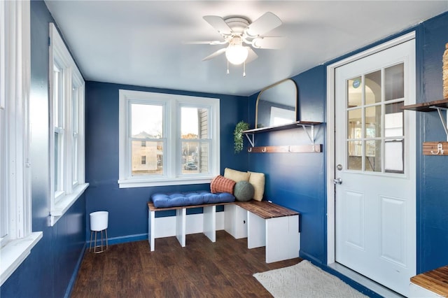 mudroom featuring baseboards, wood finished floors, and a ceiling fan